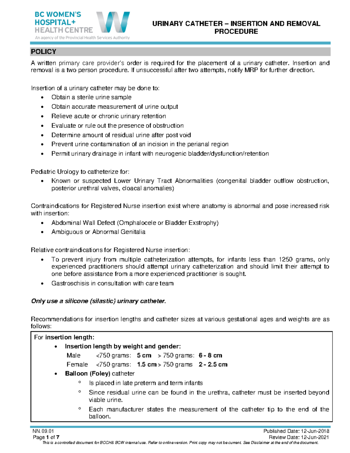 NN.09.01 Urinary Catheter Insertion and Removal Procedure - PROCEDURE ...
