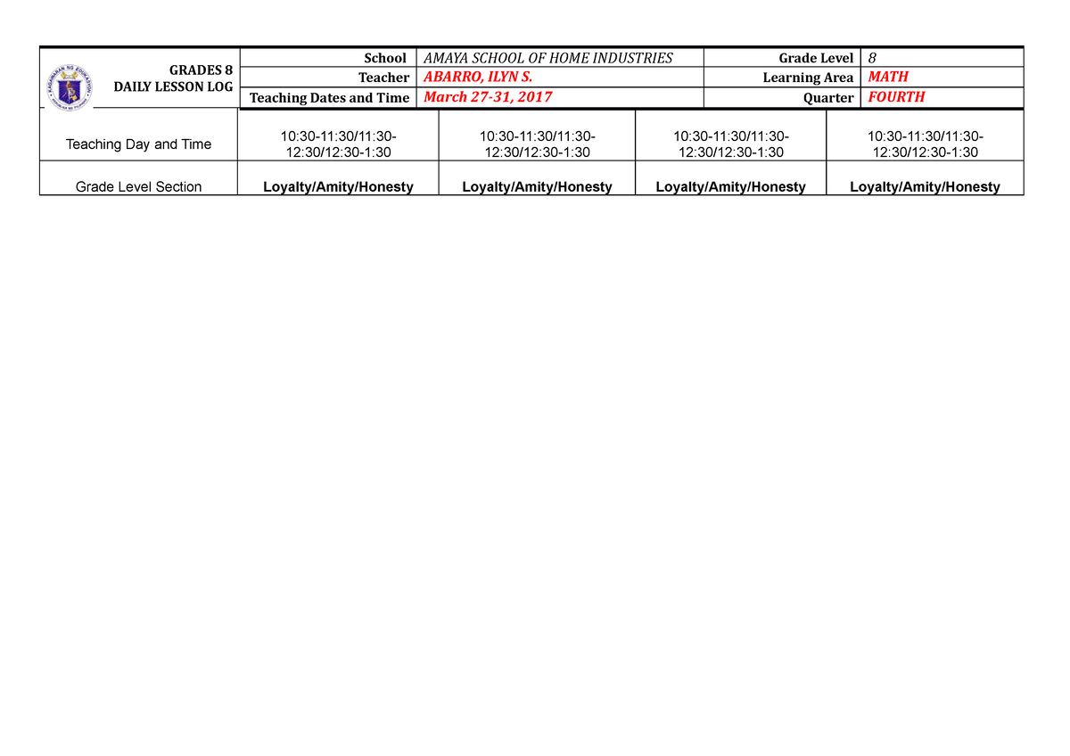 Daily Lesson Log Grade 8 Quarter 4 Week 55 - GRADES 8 DAILY LESSON LOG ...