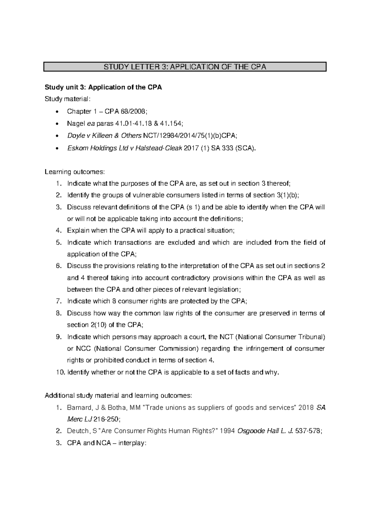VBB Notes - STUDY LETTER 3: APPLICATION OF THE CPA Study unit 3 ...