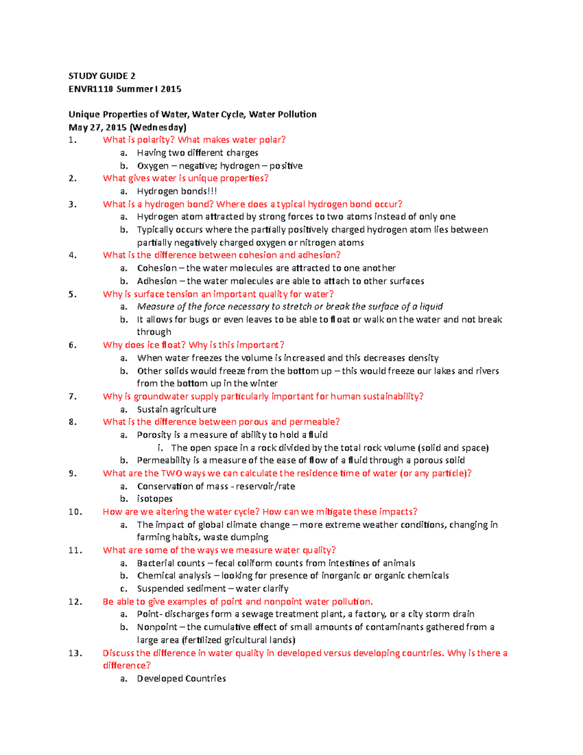 Study guide 2 - Summer I 2015 - STUDY GUIDE 2 ENVR1110 Summer I 2015 ...