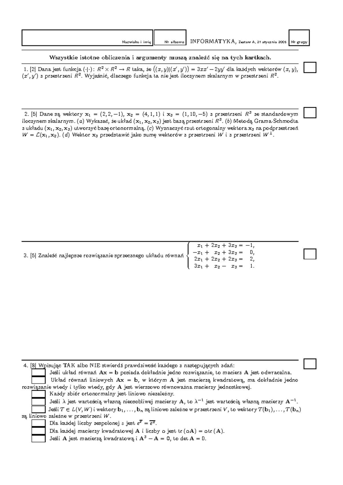 Egzamin 2015, Pytania - Nazwisko I Nr Albumu INFORMATYKA, Zestaw A, 27 ...