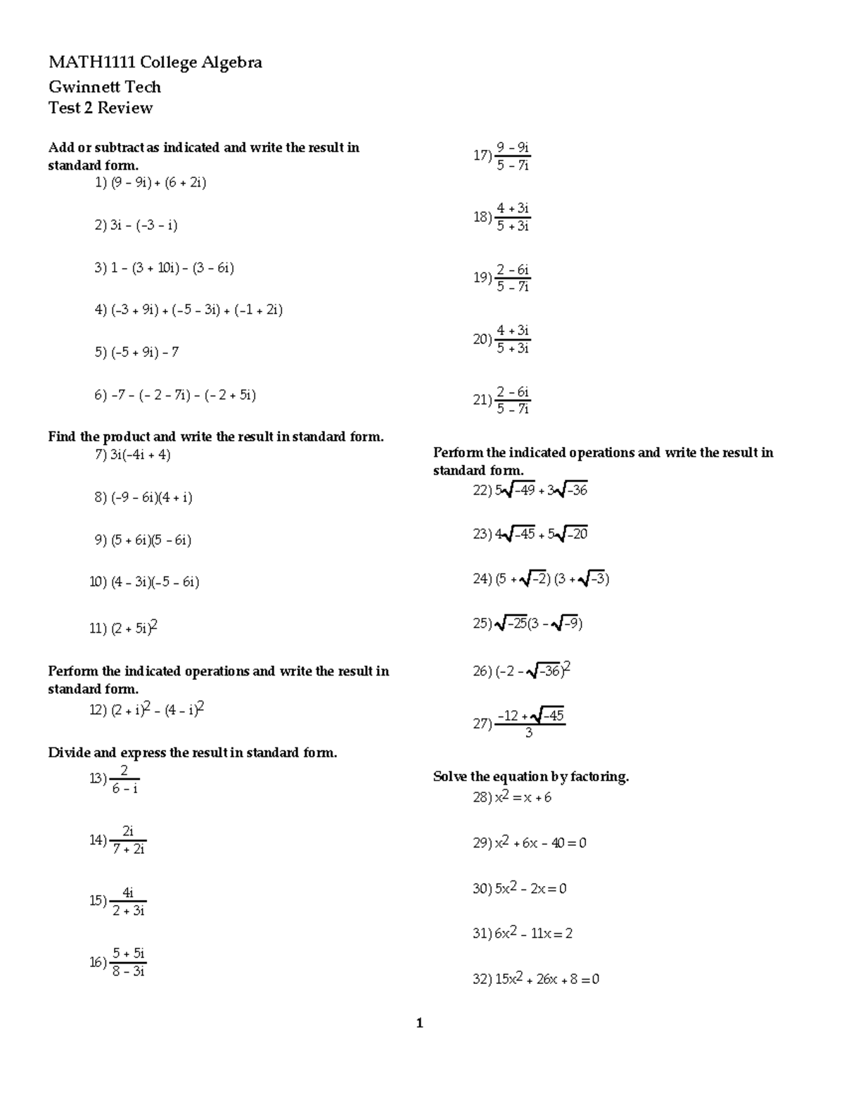 Math 1111 Unit II Test Review - MATH1111 College Algebra Gwinnett Tech ...