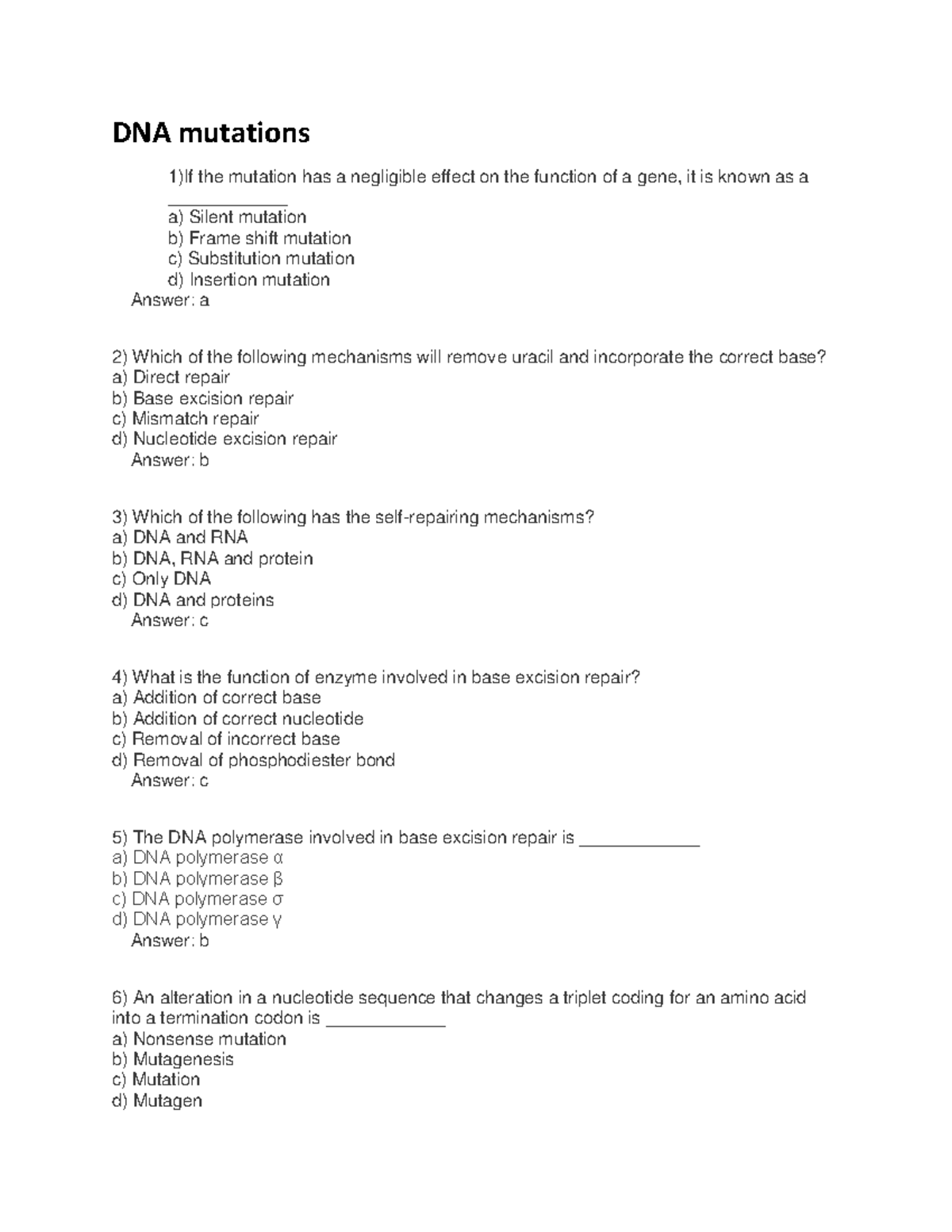 Dnahhh Mutation Mcq - Dna Mutations 1)if The Mutation Has A Negligible 