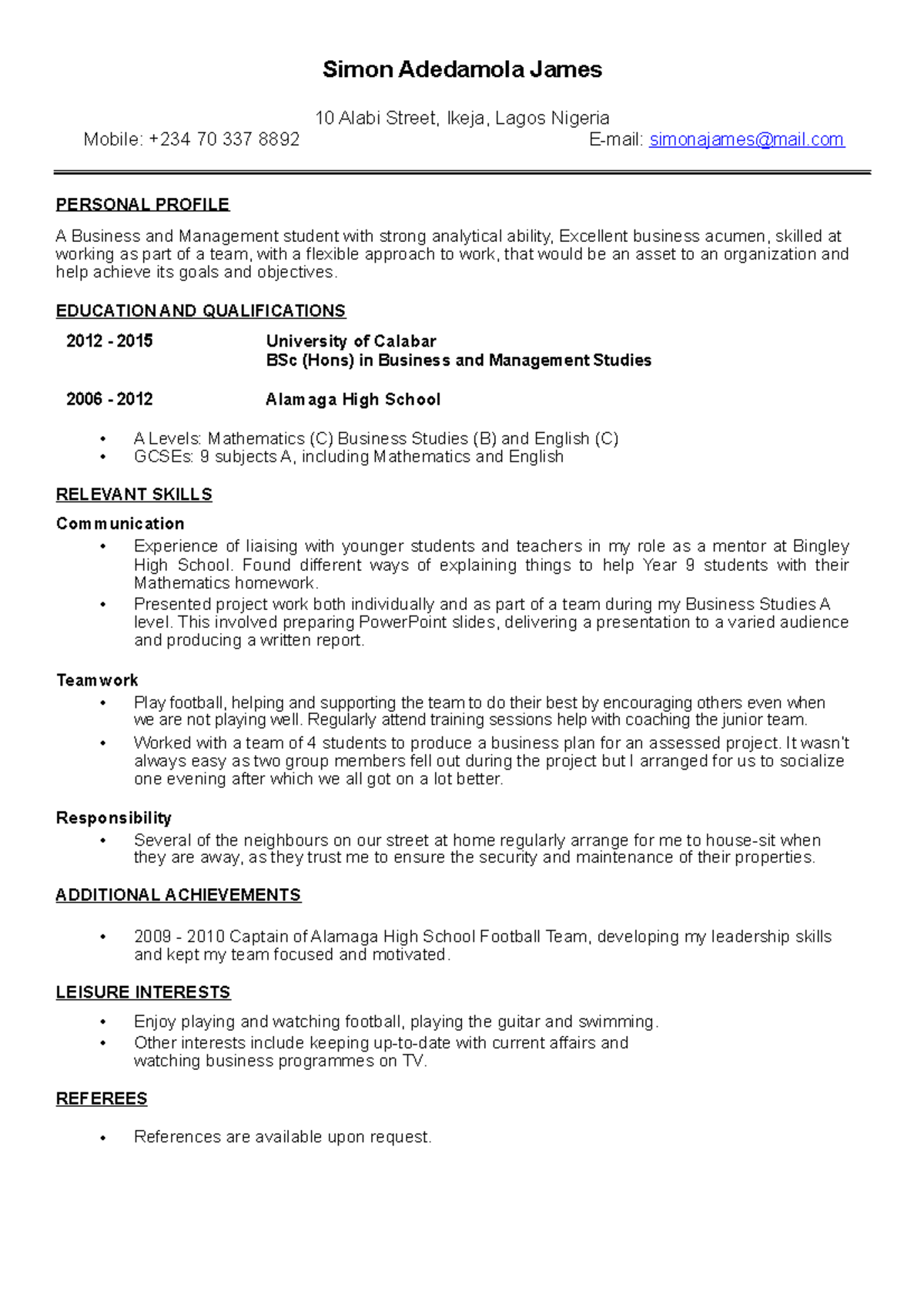 Cv with no work experience - Simon Adedamola James 10 Alabi Street ...
