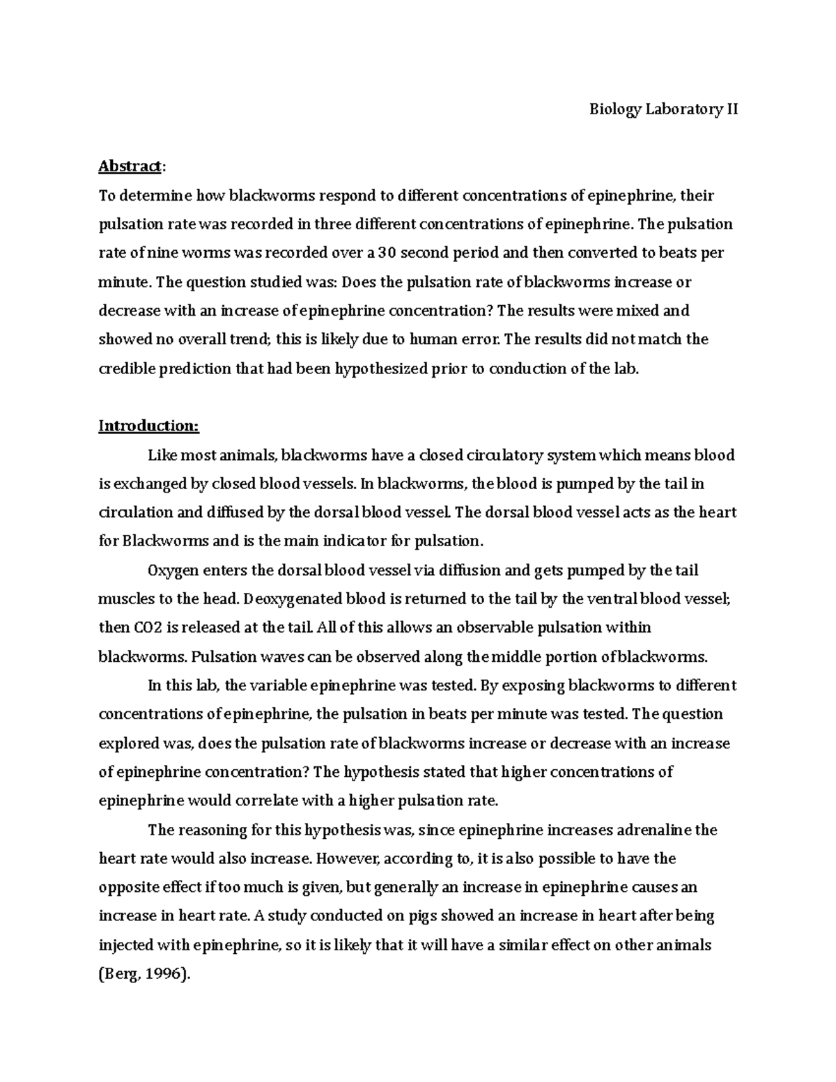 Blackworm Lab Biology Laboratory II Abstract To Determine How 