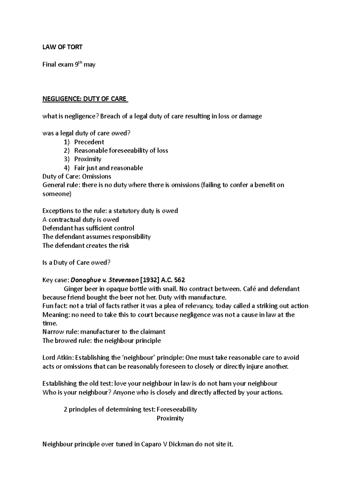LAW OF TORT - Tort notes - LAW OF TORT Final exam 9th may NEGLIGENCE ...