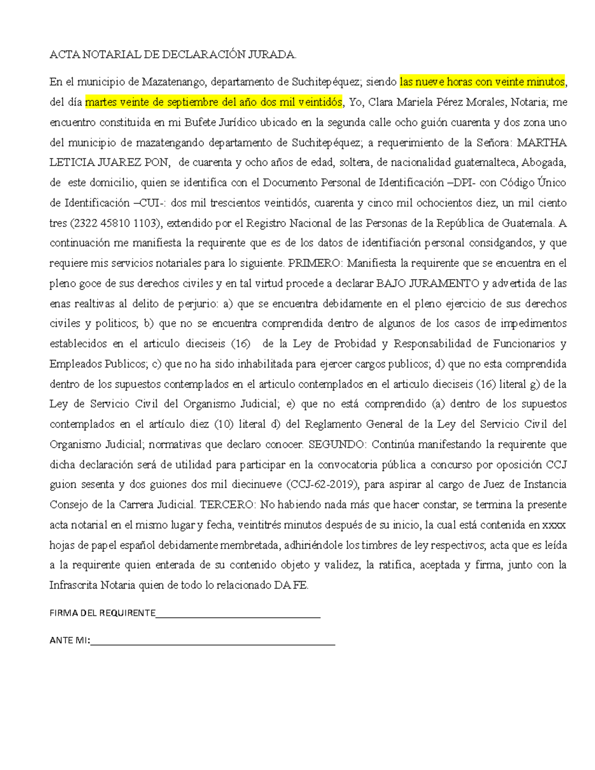 Acta de declaracion jurada - ACTA NOTARIAL DE DECLARACIÓN JURADA. En el ...