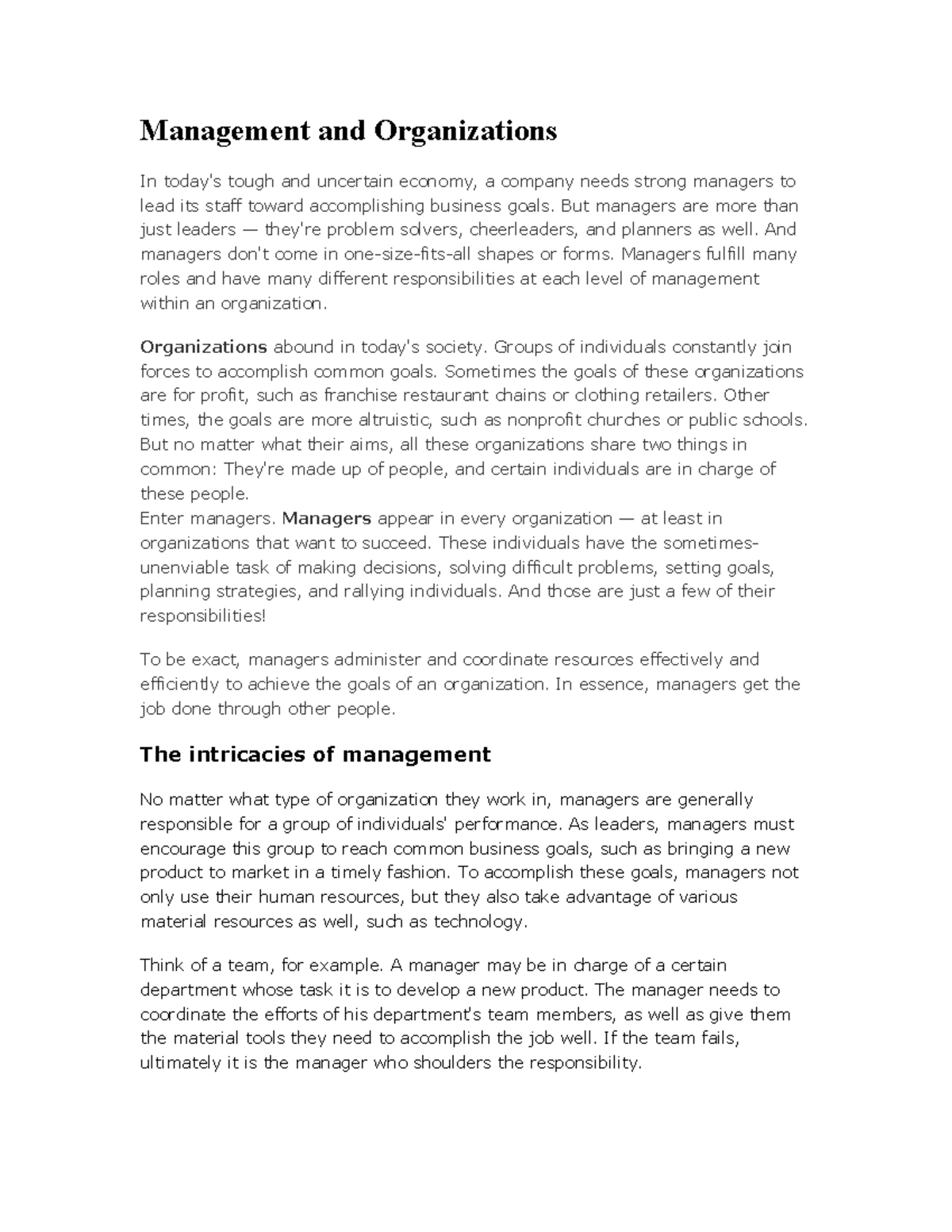 Management notes 1 - Management and Organizations In today's tough and ...