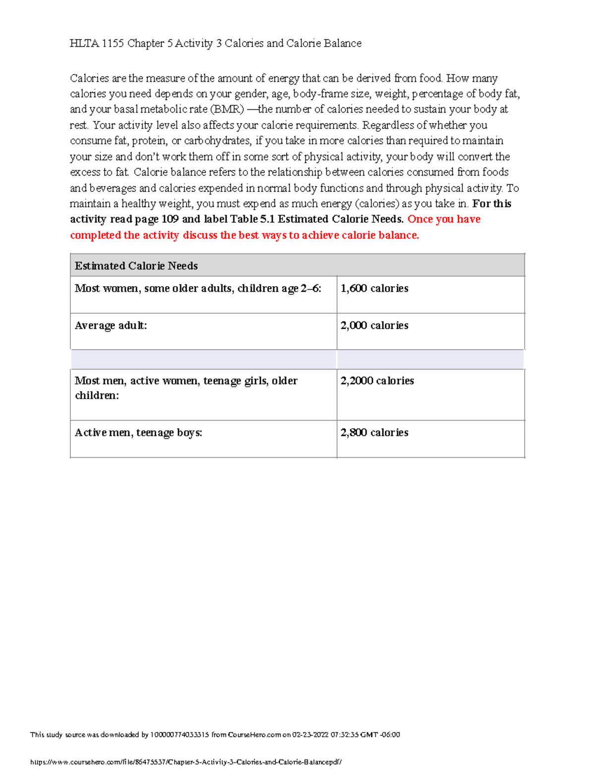 Chapter 5 Activity 3 Calories and Calorie Balance HLTA 1155 Chapter 5