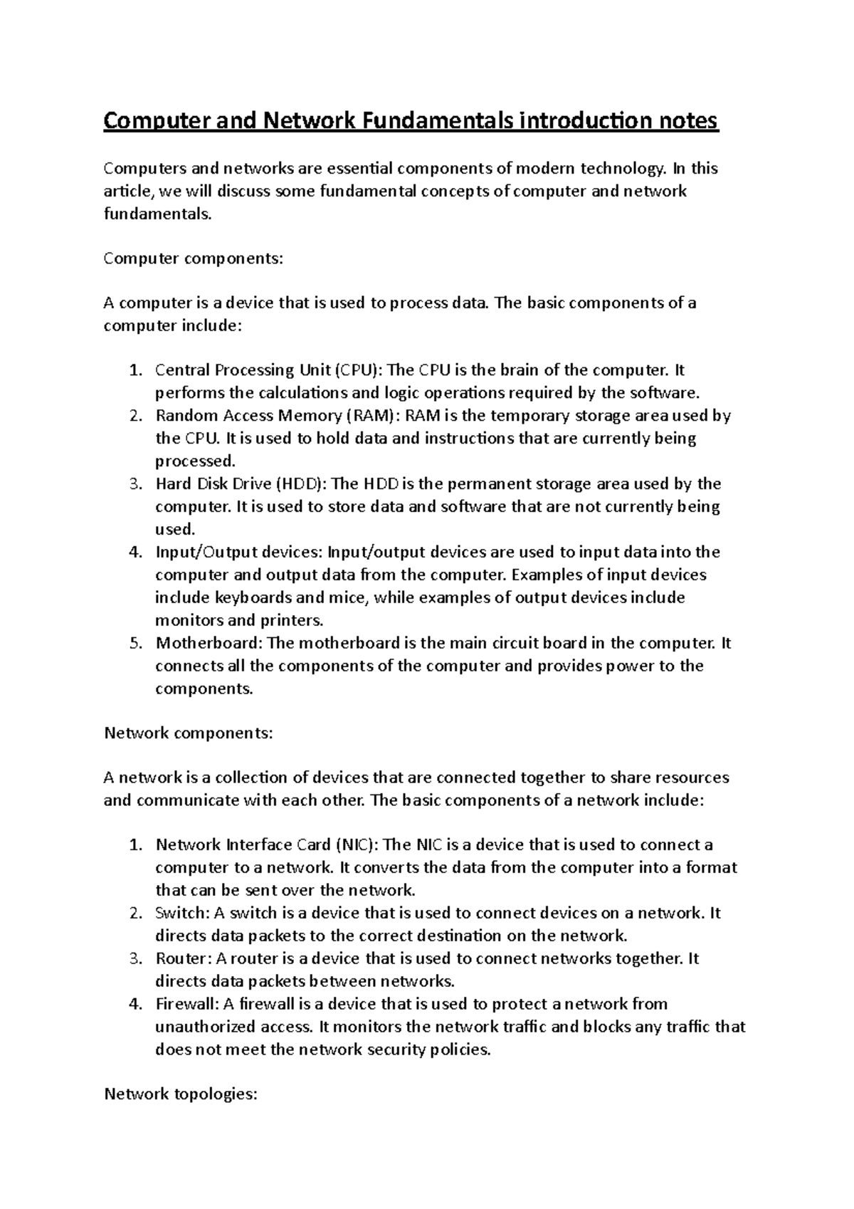 Computer and Network Fundamentals introduction notes In this article