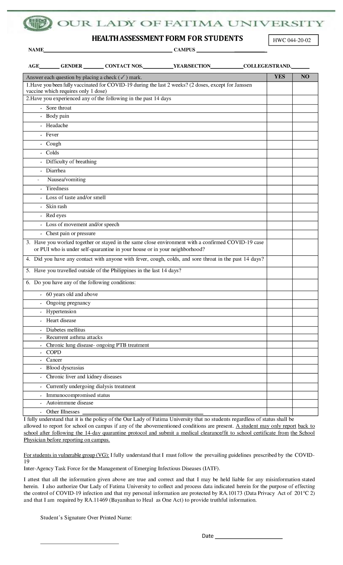 Health Assessment Form for Student 02 1 - HEALTH ASSESSMENT FORM FOR ...