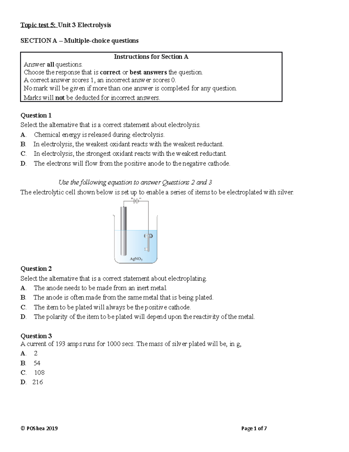 Electrolysis ANALYSIS AND QUESTIONS AND ANSWERS Topic test 5 Unit 3