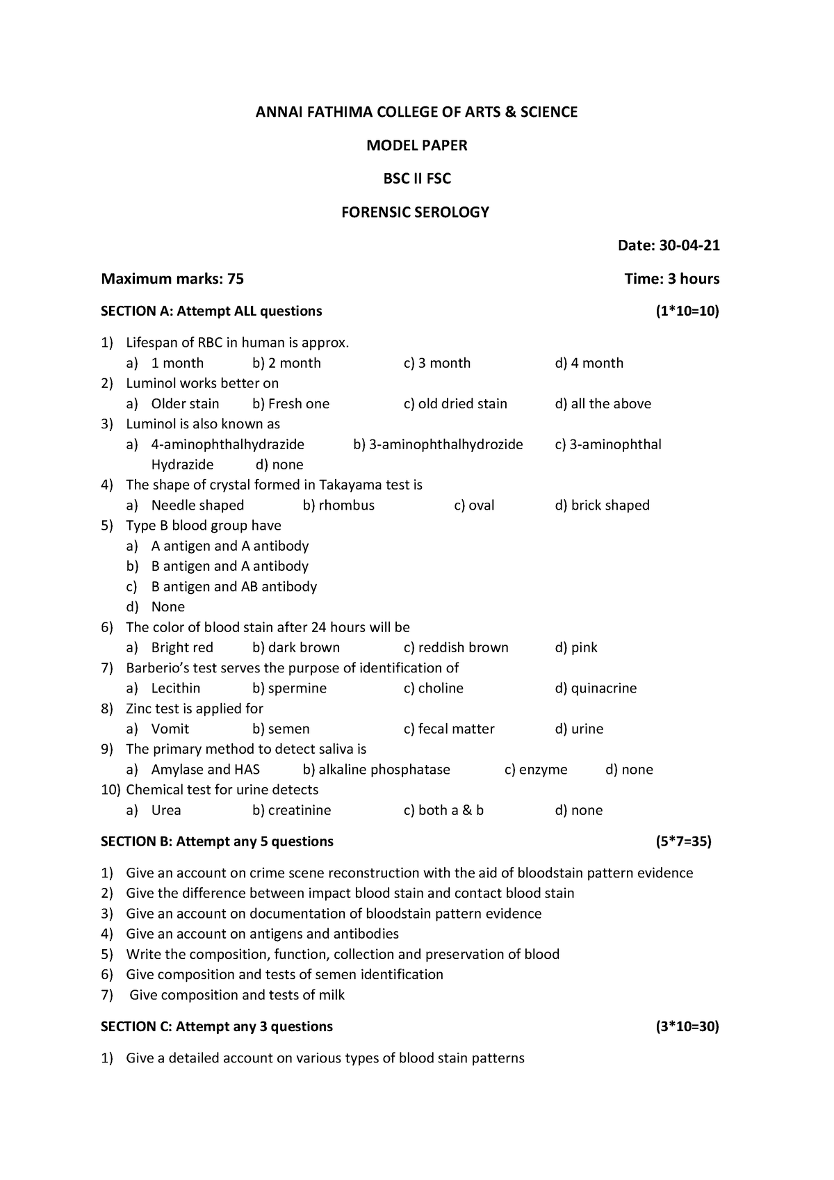 Serology model II FSC - Exercise questions - ANNAI FATHIMA COLLEGE OF ...