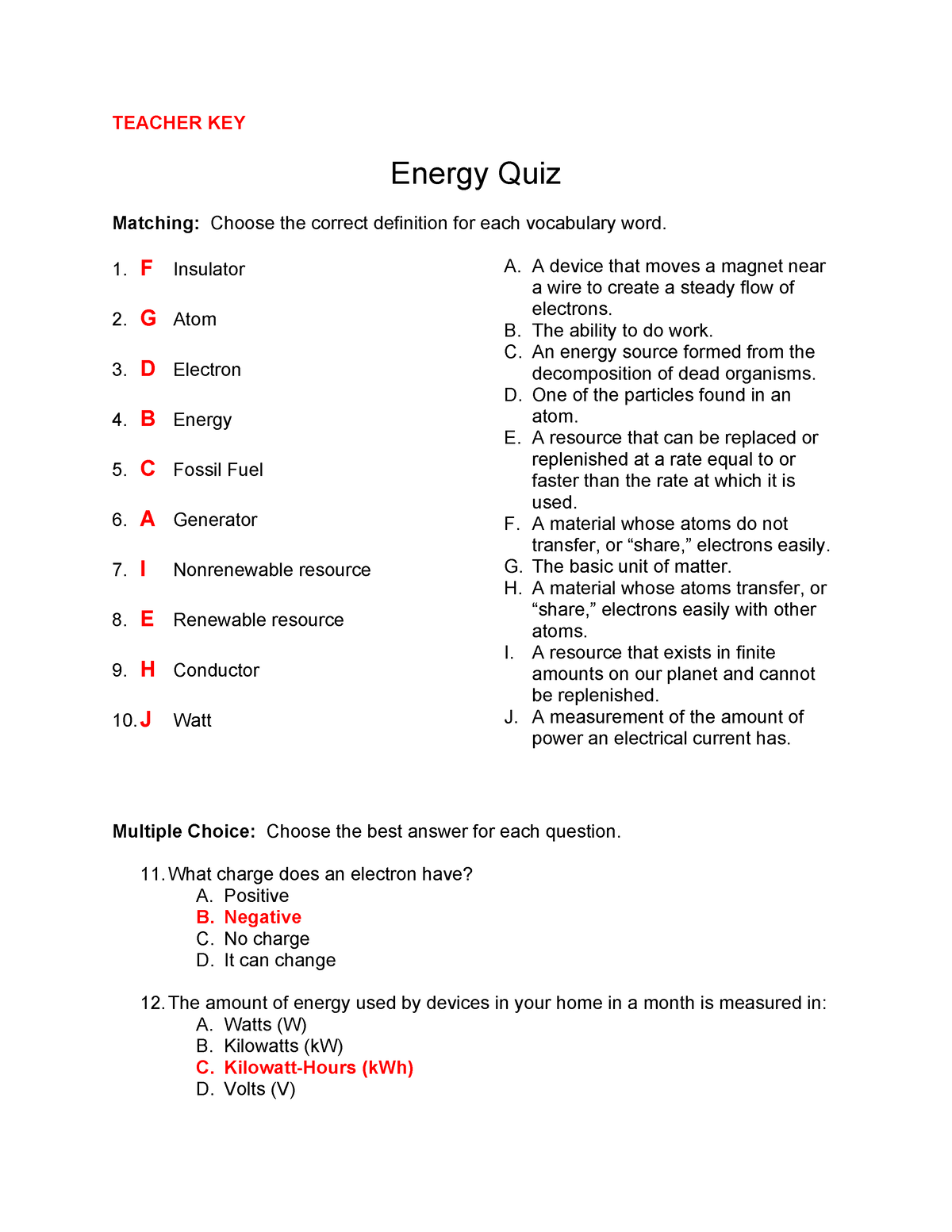 Energy Quiz Key 2 - Additional Notes for Learning - TEACHER KEY Energy ...