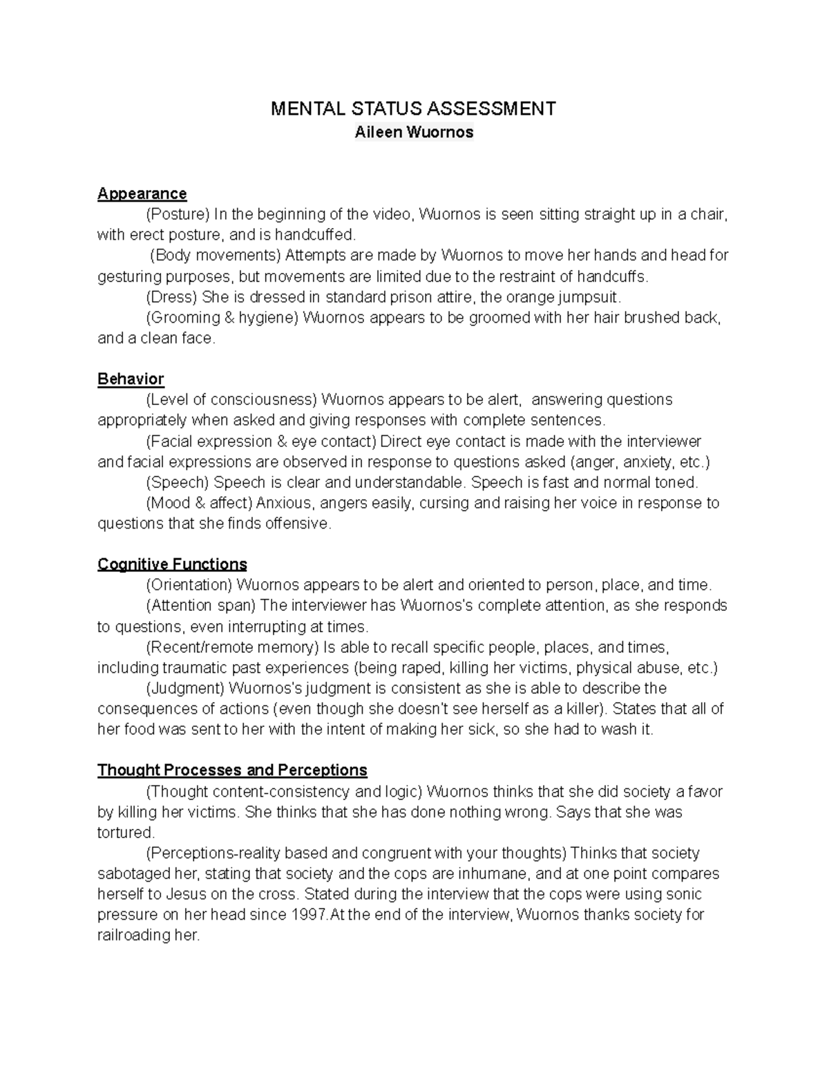 Mental Status Assessment - MENTAL STATUS ASSESSMENT Aileen Wuornos ...