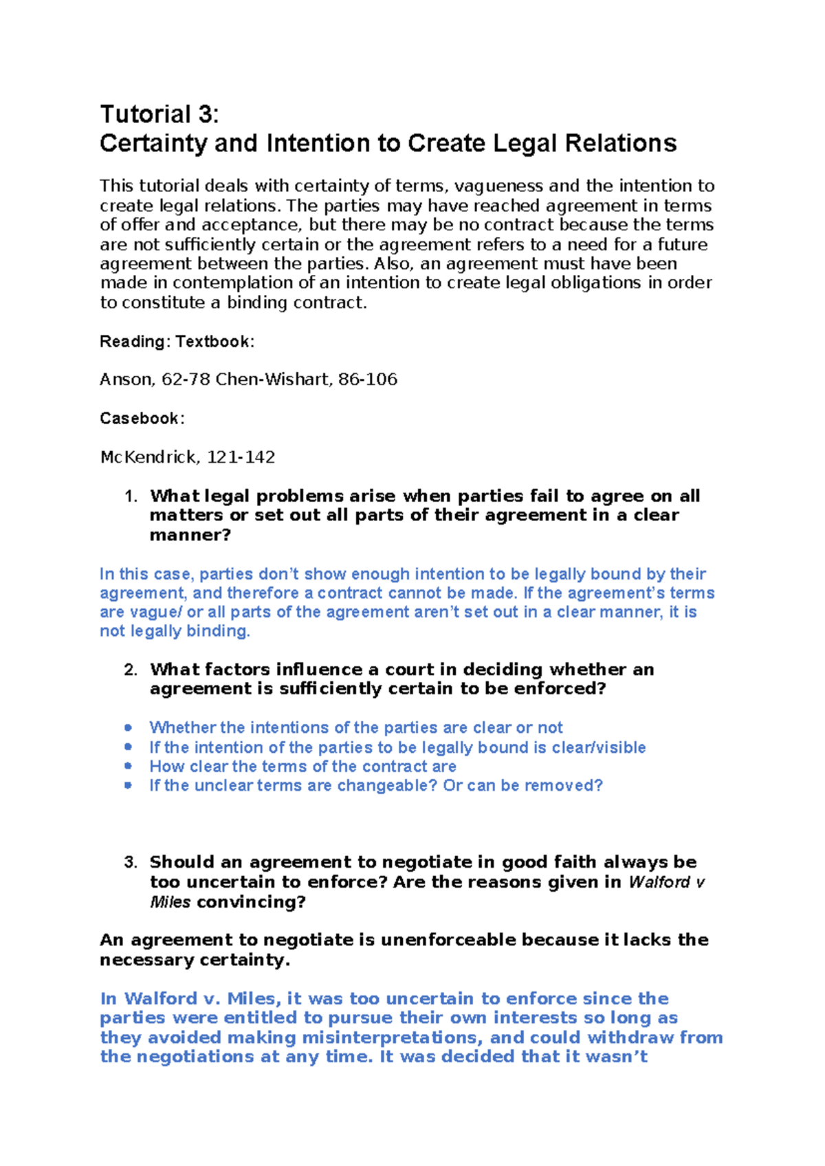 Contract LAW - Tutorial 3 - Tutorial 3: Certainty and Intention to ...