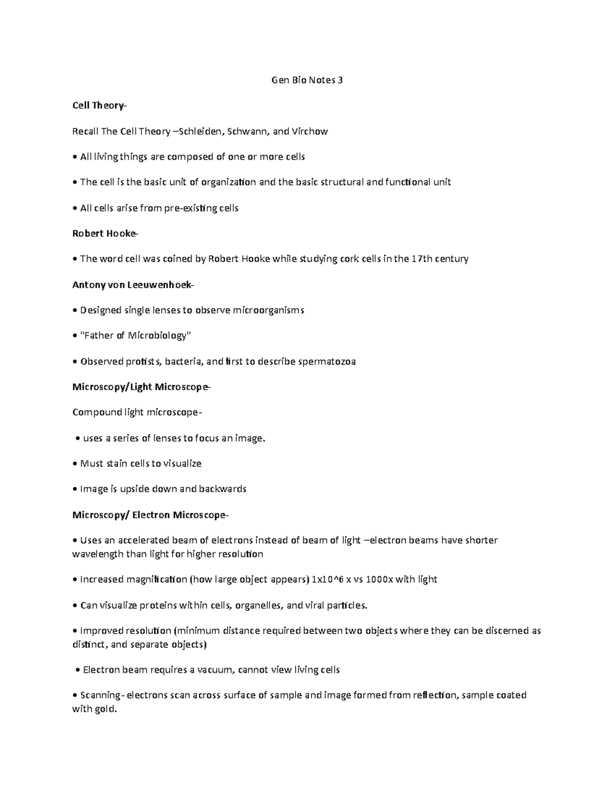 Gen Bio Notes 3 - non-majors - Gen Bio Notes 3 Cell Theory- Recall The ...