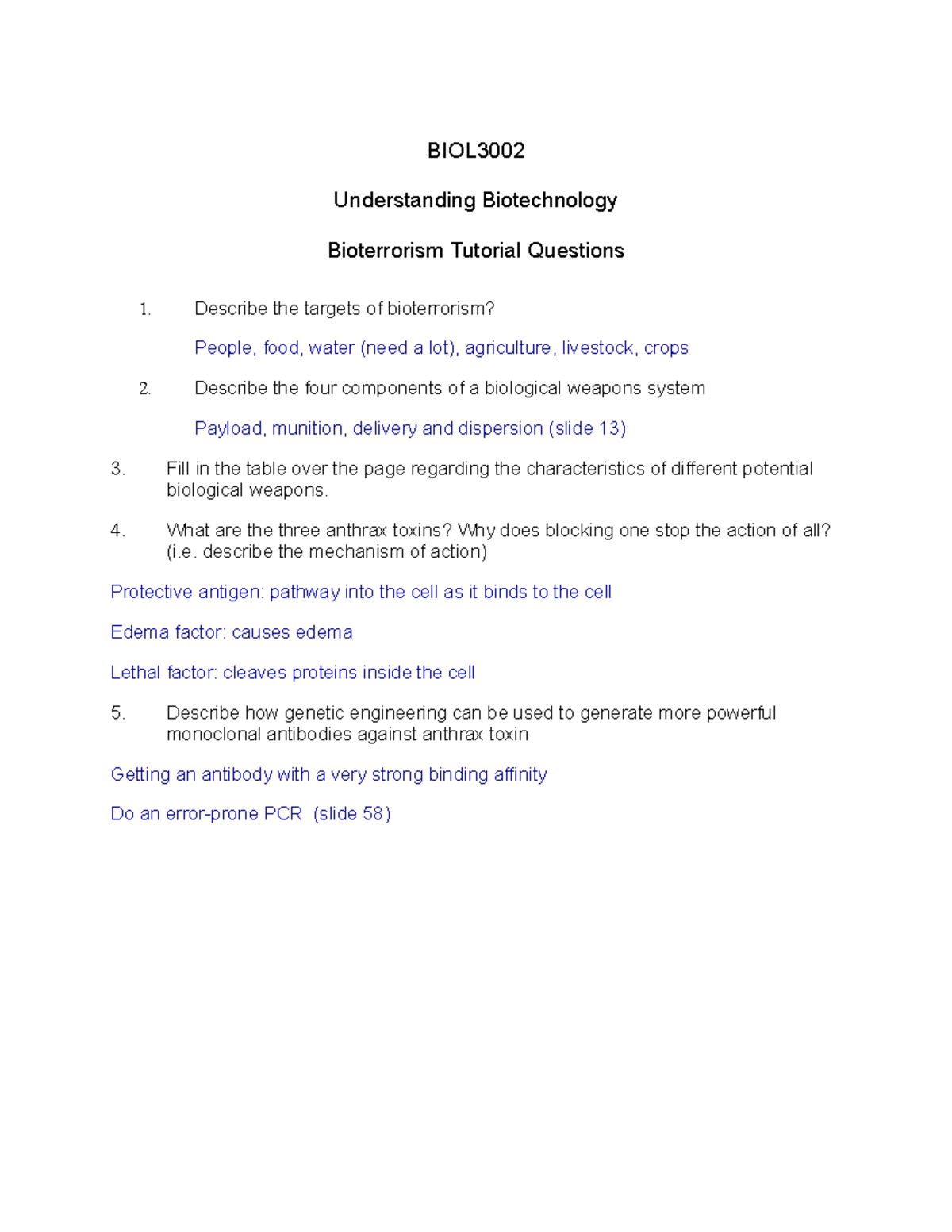 Lecture 10 Review Questions BIOL3002 Understanding Biotechnology