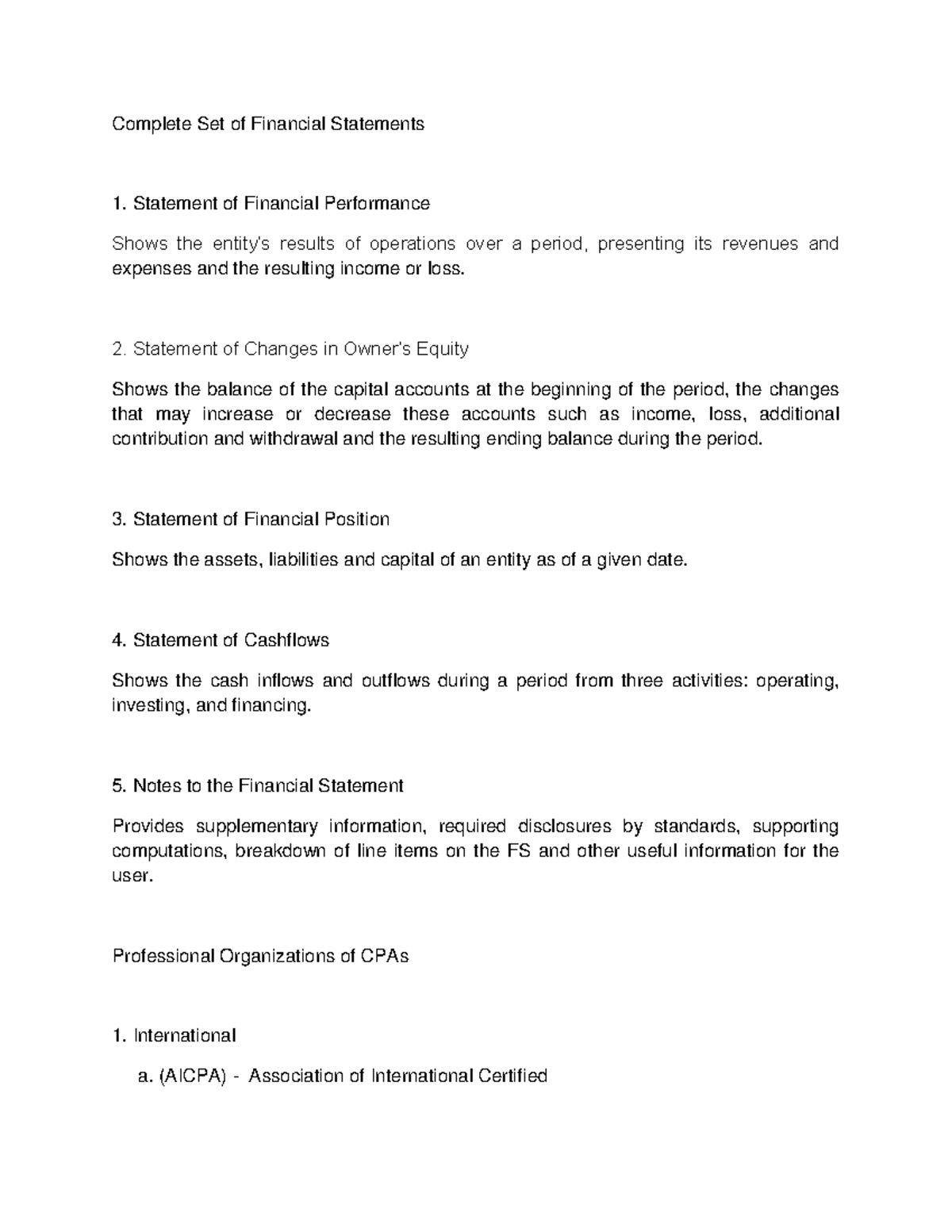 Statement of Financial Position Complete Set of Financial Statements