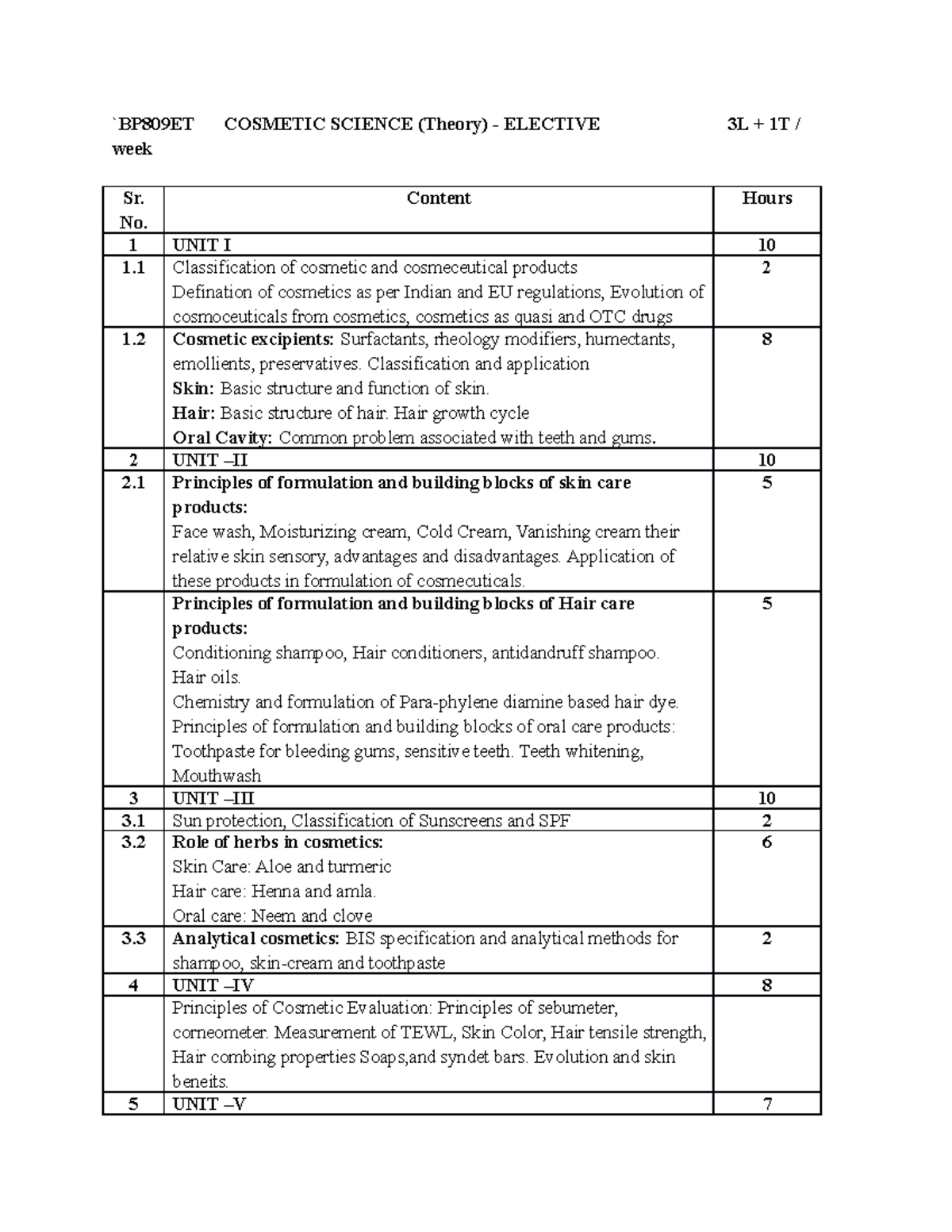 BP809 Etcosmetic Science Syllabus - `BP809ET COSMETIC SCIENCE (Theory ...