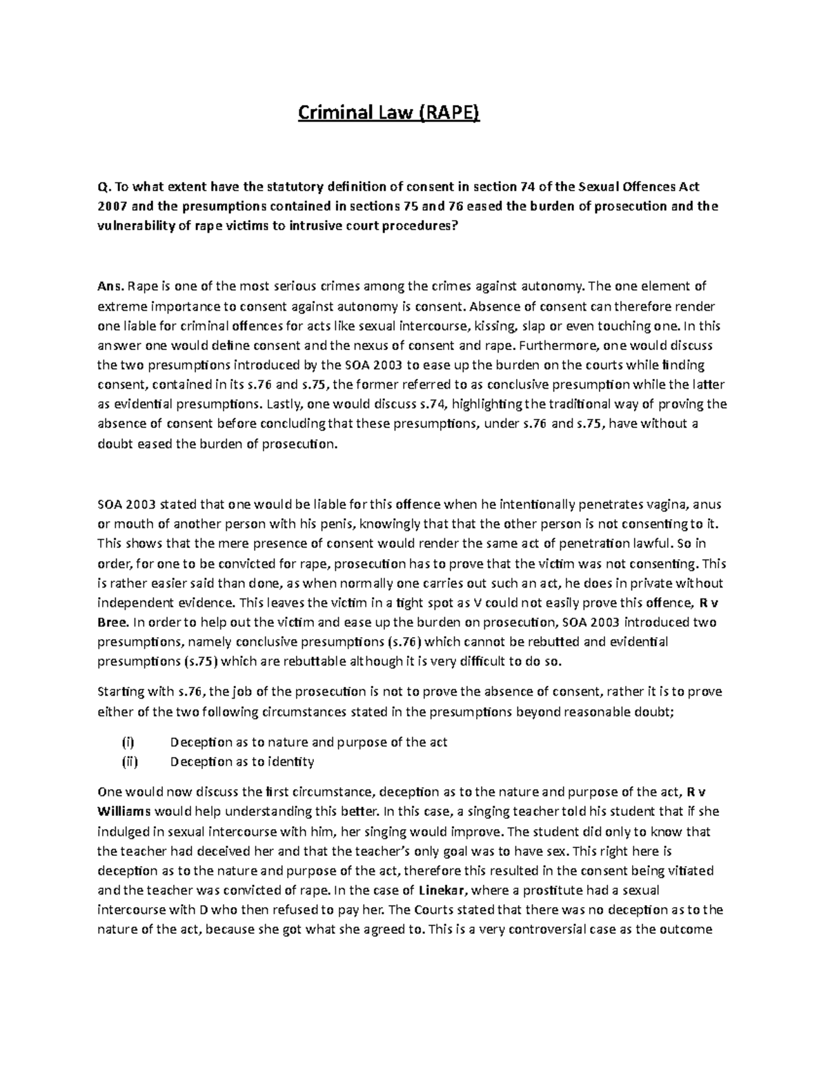 Criminal Law essay on Rape Criminal Law (RAPE) Q. To what extent have