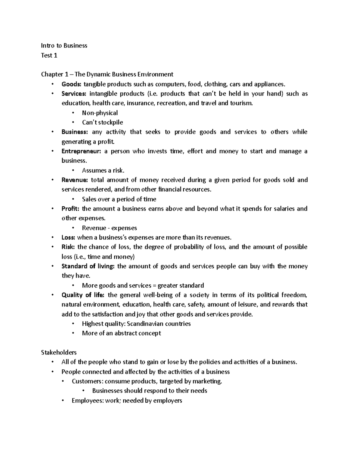 Intro To Business Test 1 Notes - Intro To Business Test 1 Chapter 1 ...