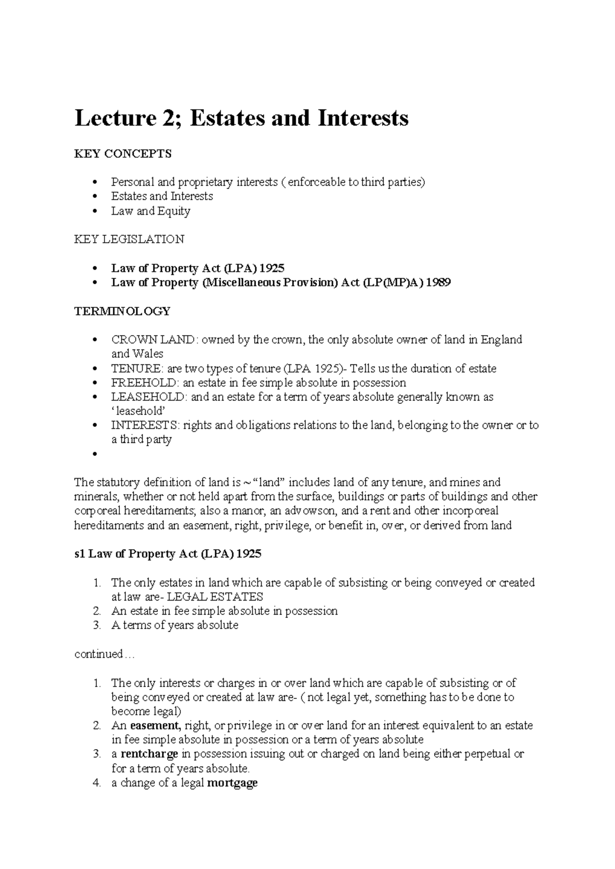 Land law lecture 2 - Lecture 2; Estates and Interests KEY CONCEPTS ...