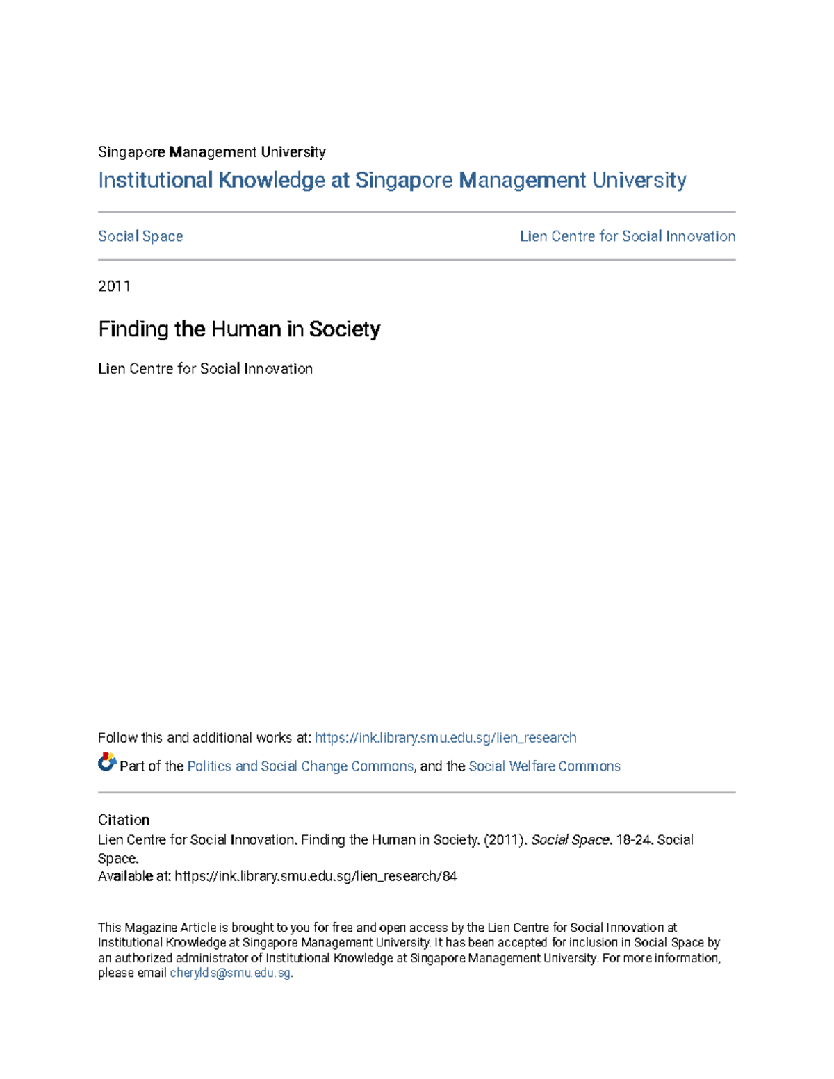 Finding the Human in Society - Singapore Management UniversitySingapore ...