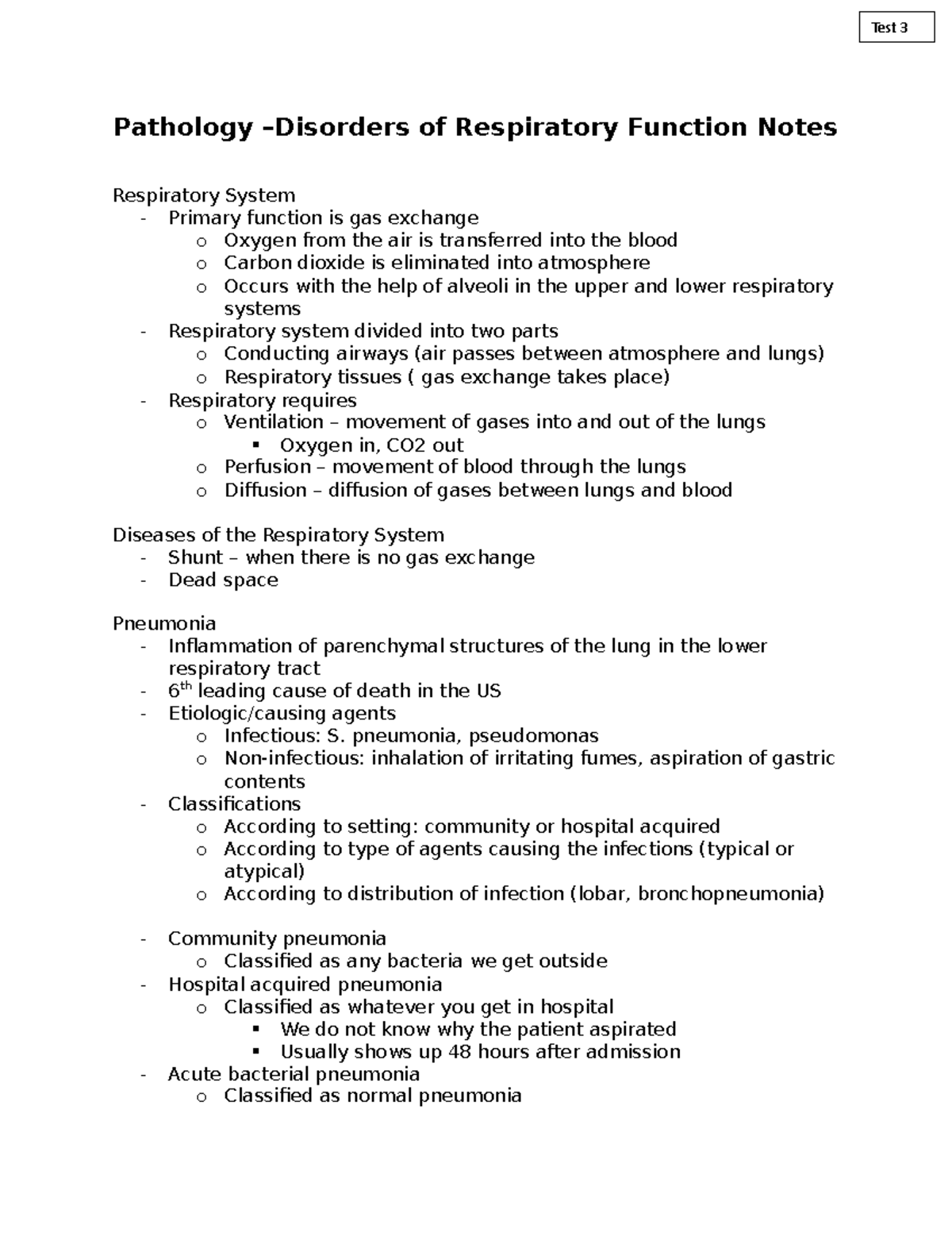 Notes . Test 3 - Pulmonary - Pathology –Disorders of Respiratory ...