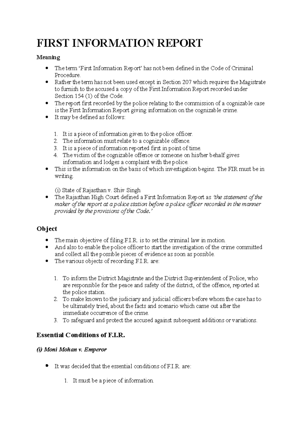 First Information Report (FIR) - FIRST INFORMATION REPORT Meaning The ...