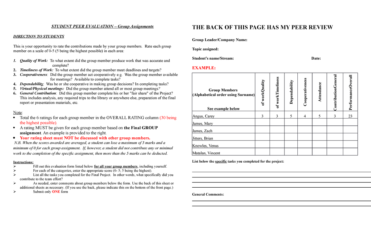 Peer Evaluation Form copy copy - STUDENT PEER EVALUATION – Group ...