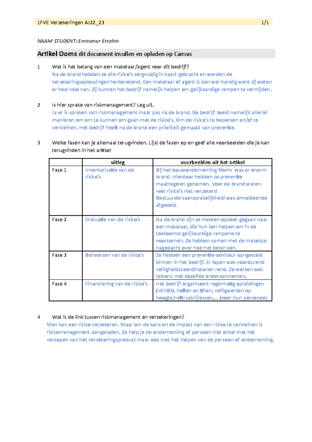 Opdracht Riskmanagenent - 1FVE Verzekeringen AJ22_23 1/ NAAM STUDENT ...