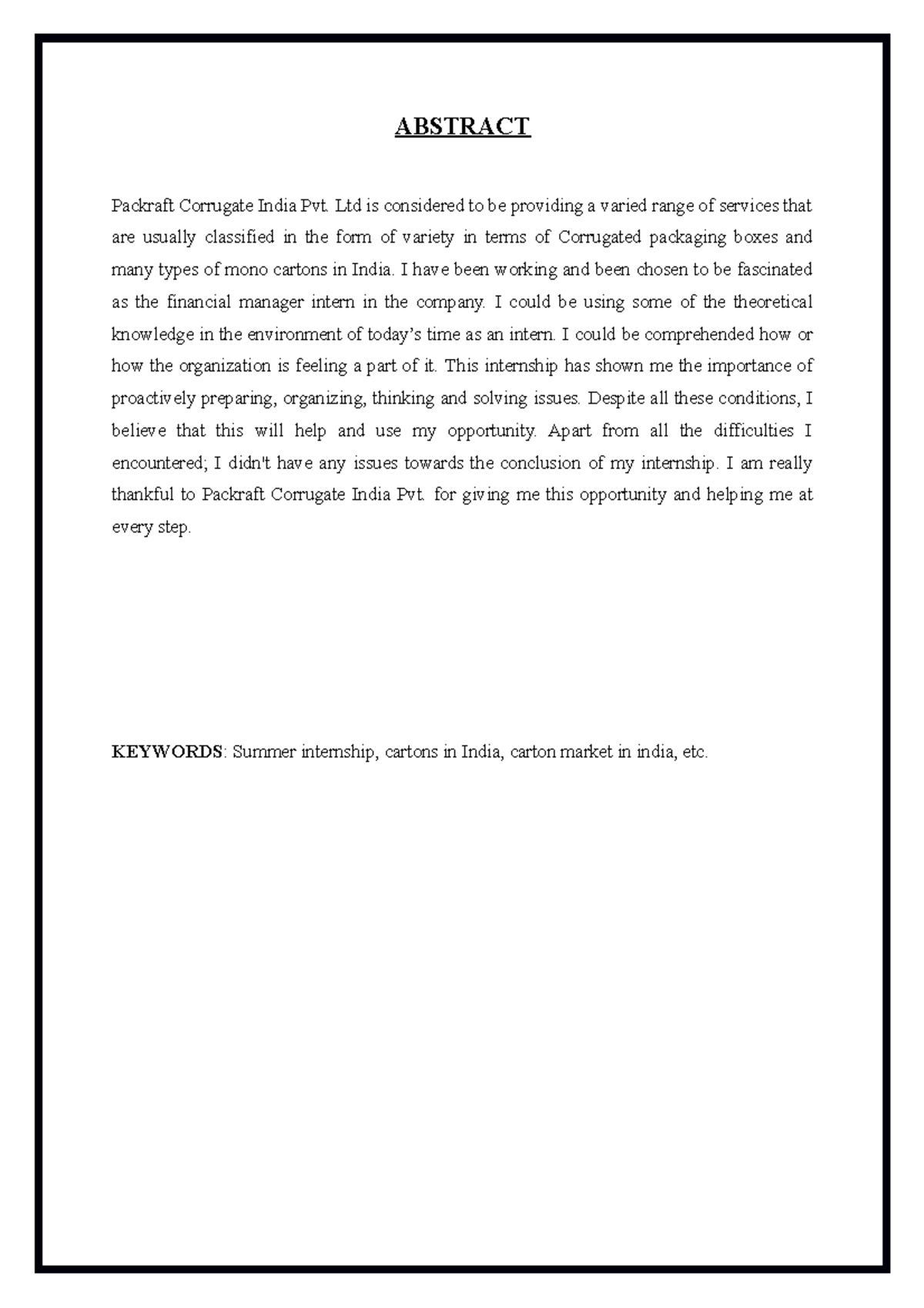 Packraft Corrugate India Pvt. Ltd internship report - ABSTRACT Packraft ...