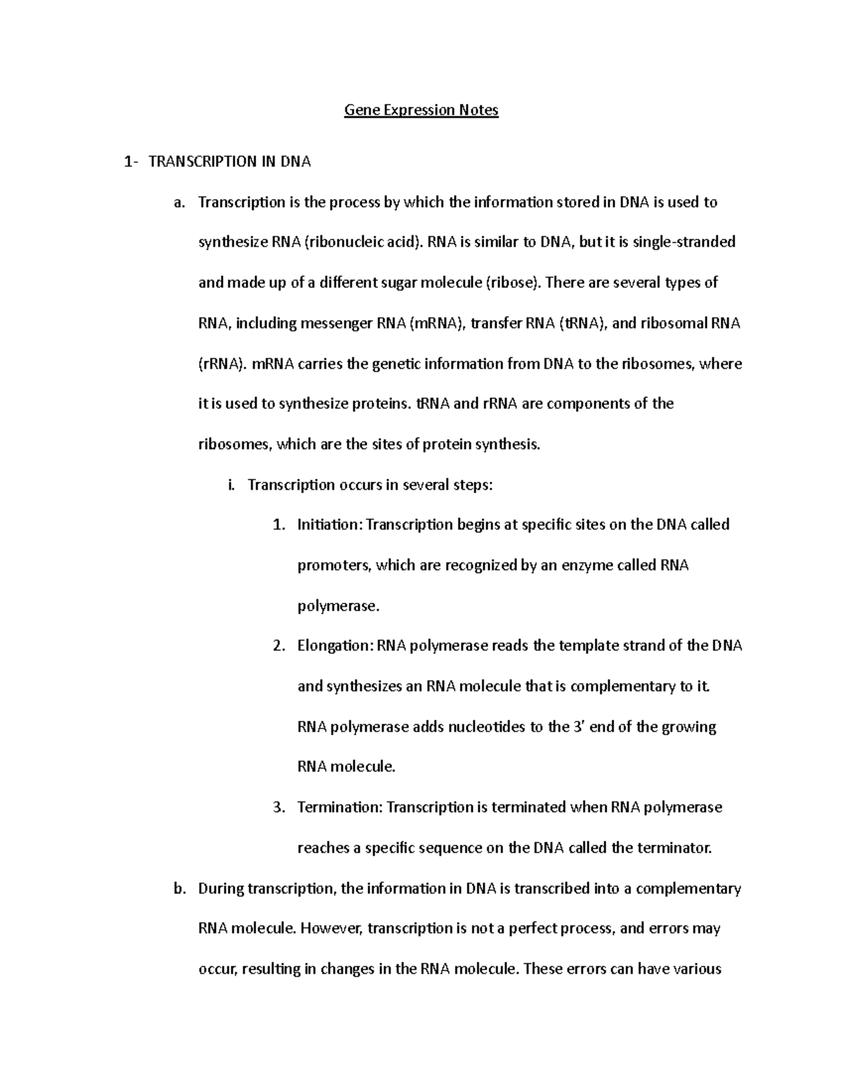 Gene Expression Notes - Transcription is the process by which the ...