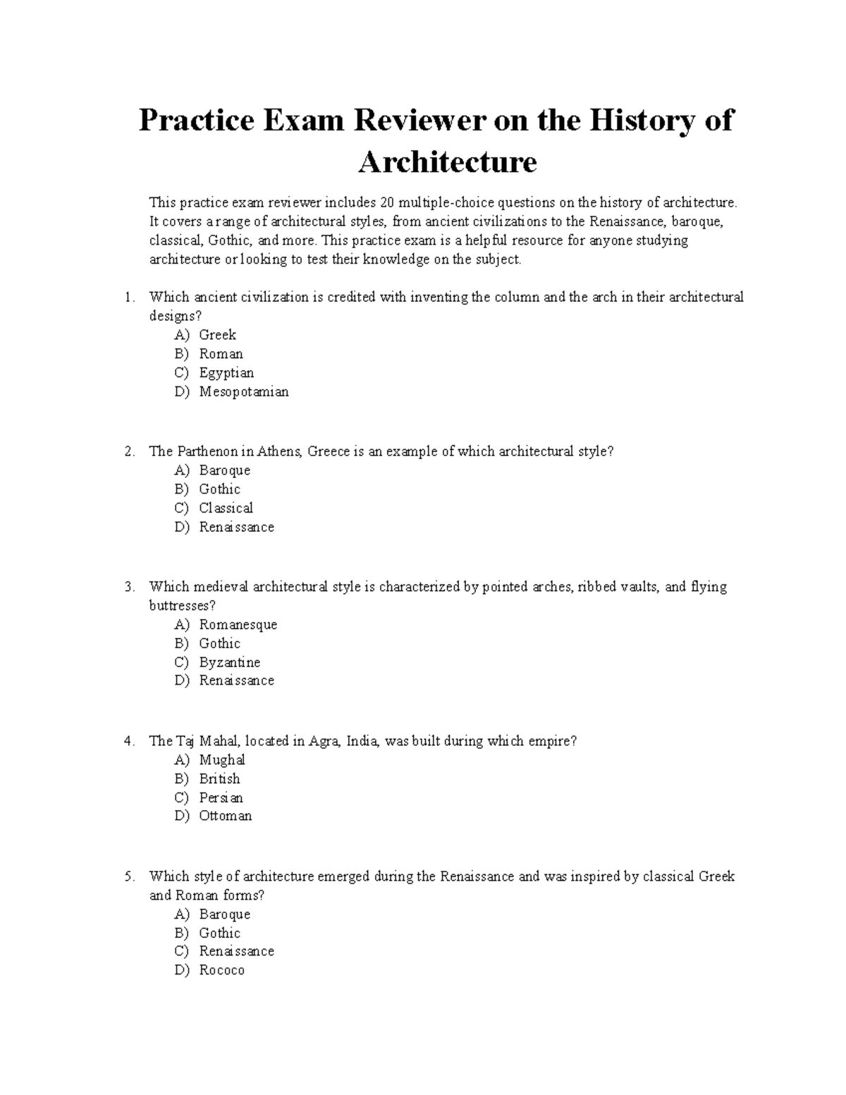 Practice Exam Reviewer on the History of Architecture Practice Exam