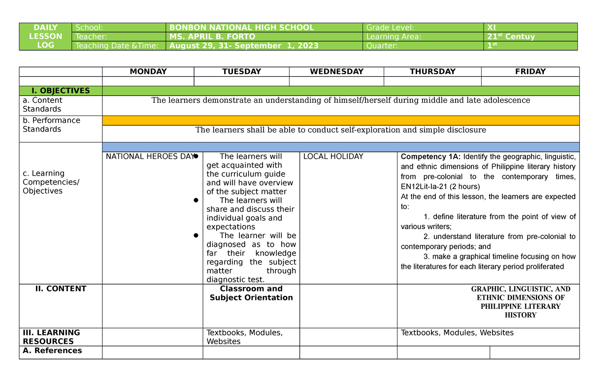 21st century - DAILY LESSON LOG School: BONBON NATIONAL HIGH SCHOOL ...