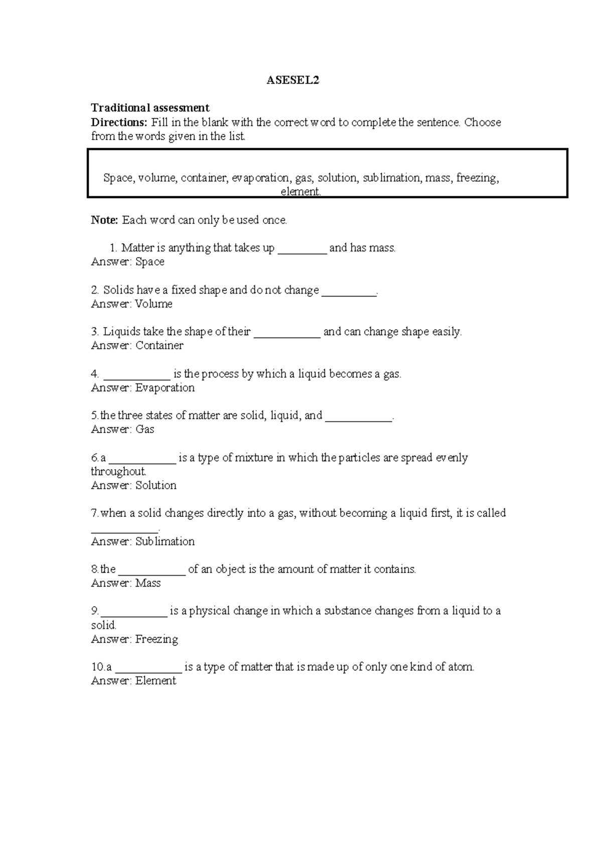 Fill in the blank - assessment of learning - ASESEL Traditional ...