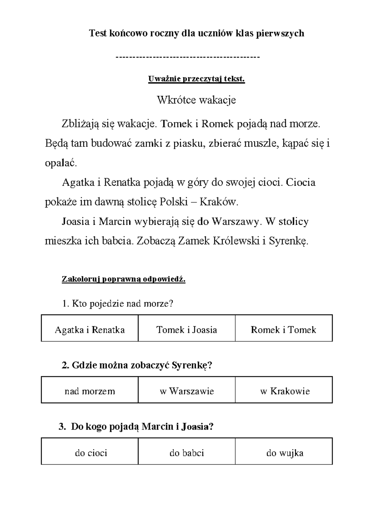 Sprawdzian - Polecam - Test końcowo roczny dla uczniów klas pierwszych