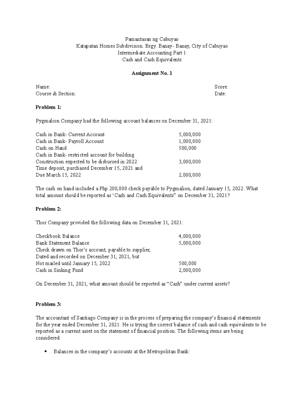 Assignment No. 1- Cash and Cash Equivalents - Accountancy - FEU - Studocu