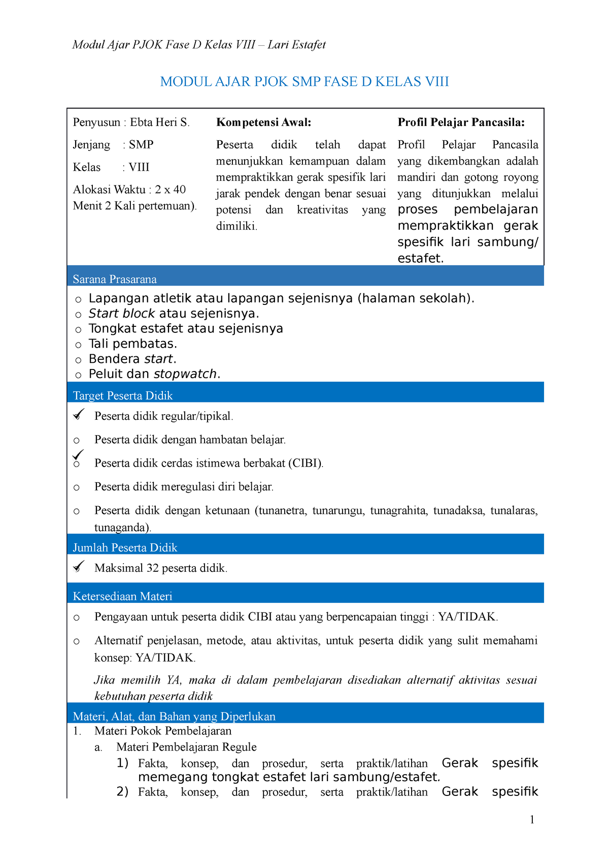 Modul AJAR PJOK SMP FASE D Kelas VIII Estapet - MODUL AJAR PJOK SMP ...