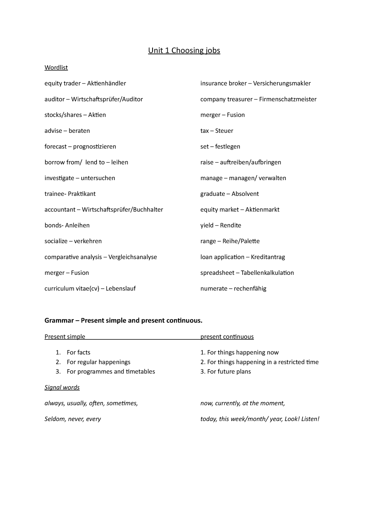 Finance 1 Unit 1 Part 1 Unit 1 Choosing Jobs Wordlist Equity Trader 