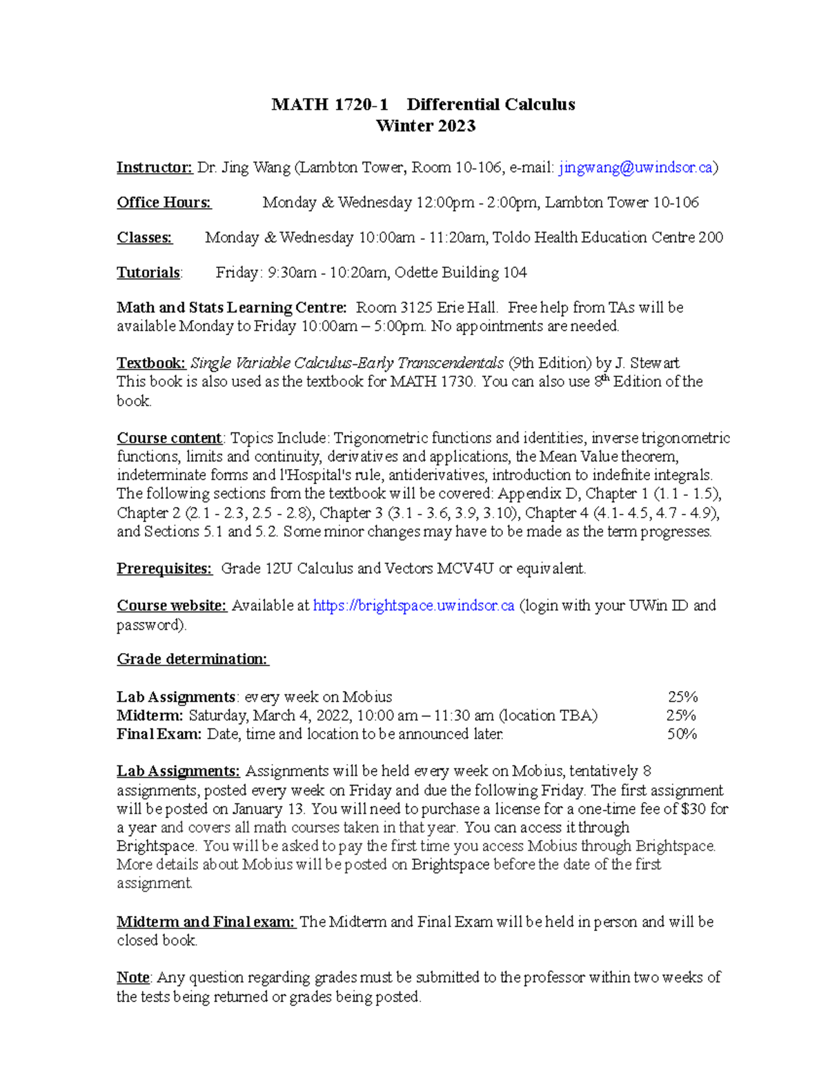 Course outline MATH 17201W23 MATH 17201 Differential Calculus