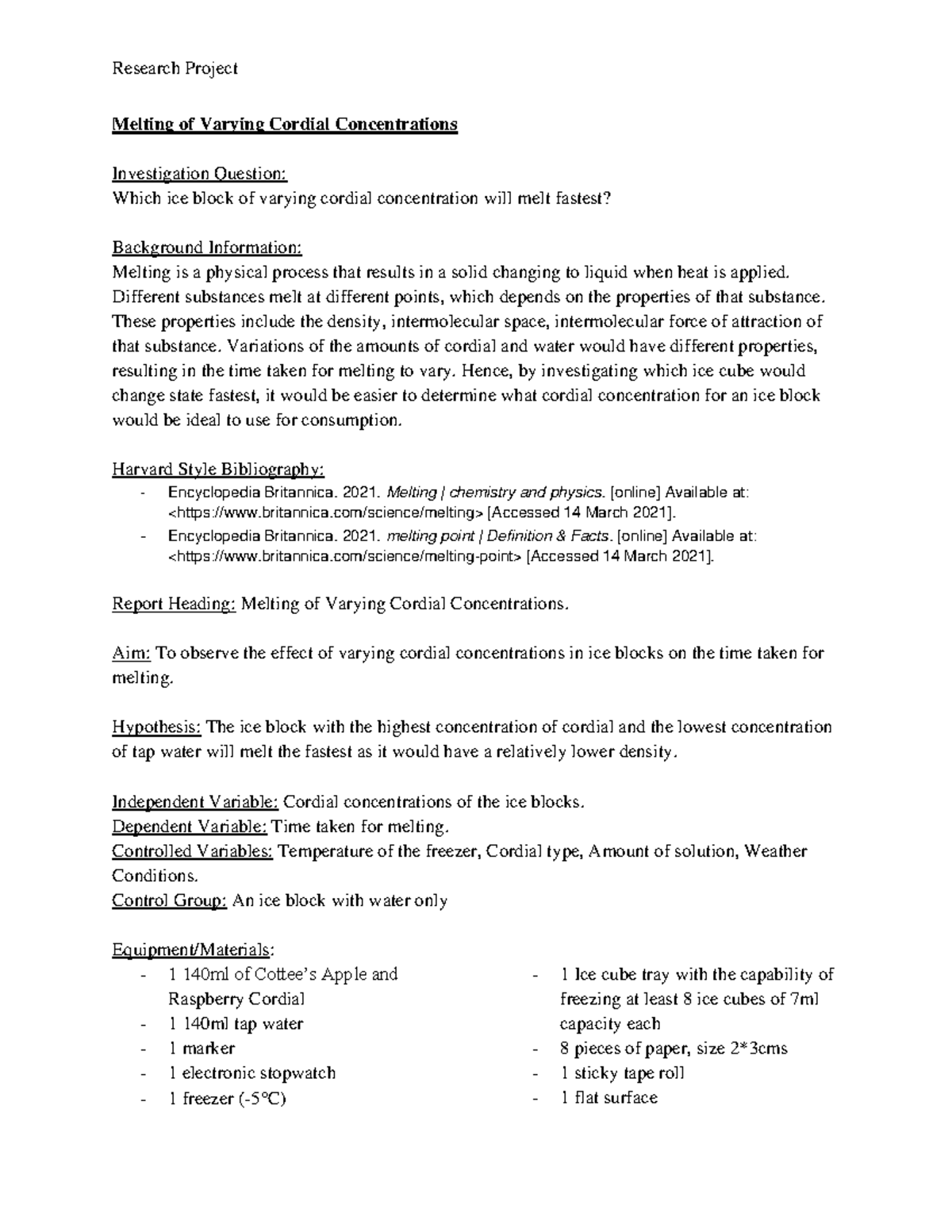SRP Report - Research Project Melting of Varying Cordial Concentrations ...
