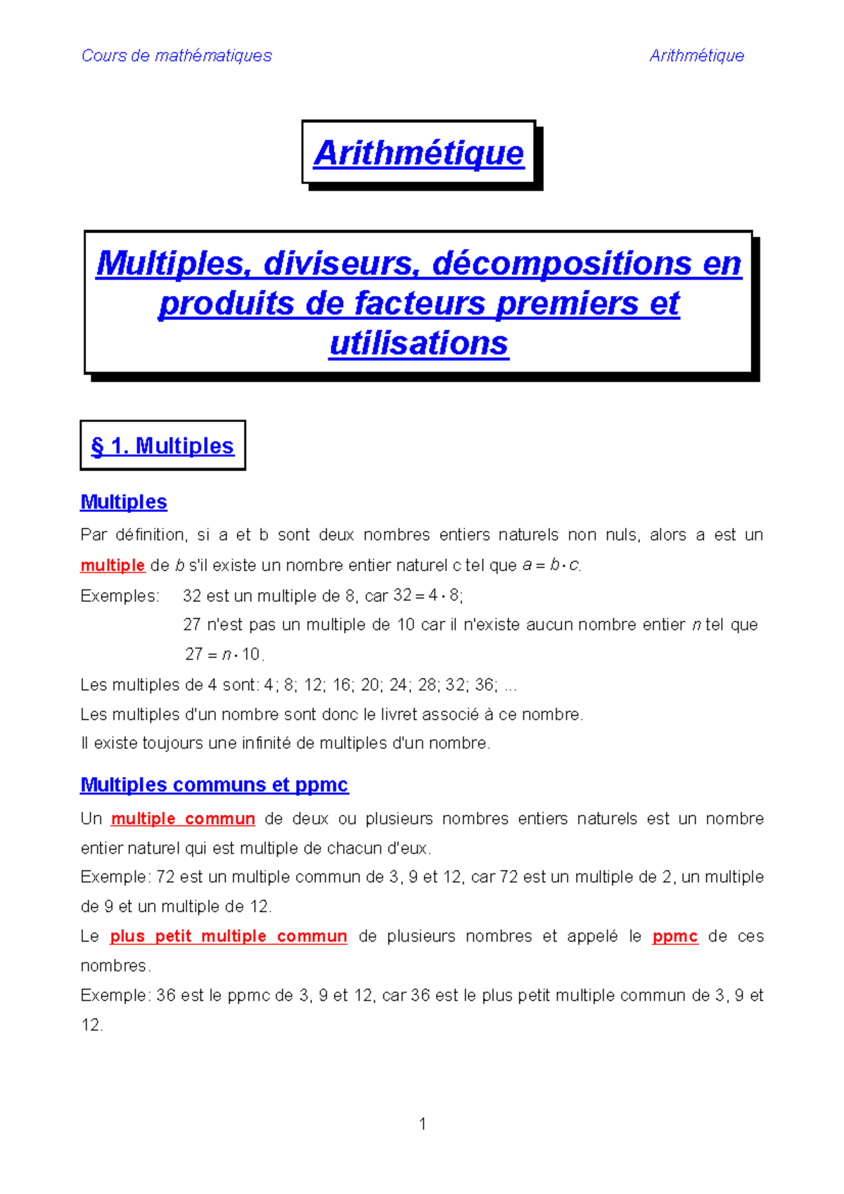 Arithmetique Multiples Diviseurs Decompositions En Produits De Arithm Tique Multiples Studocu