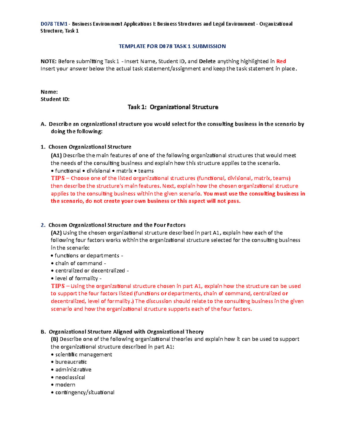 D078 Task 1 Template - nkdkcnkdn,c - D078 TEM1 - Business Environment ...