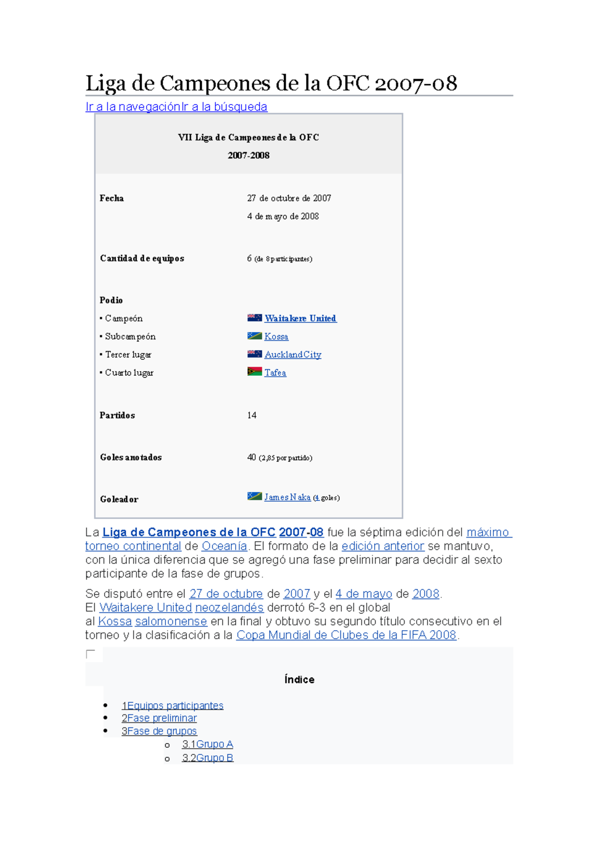 LIGA DE Campeones OFC Liga de Campeones de la OFC 2007 Ir a la