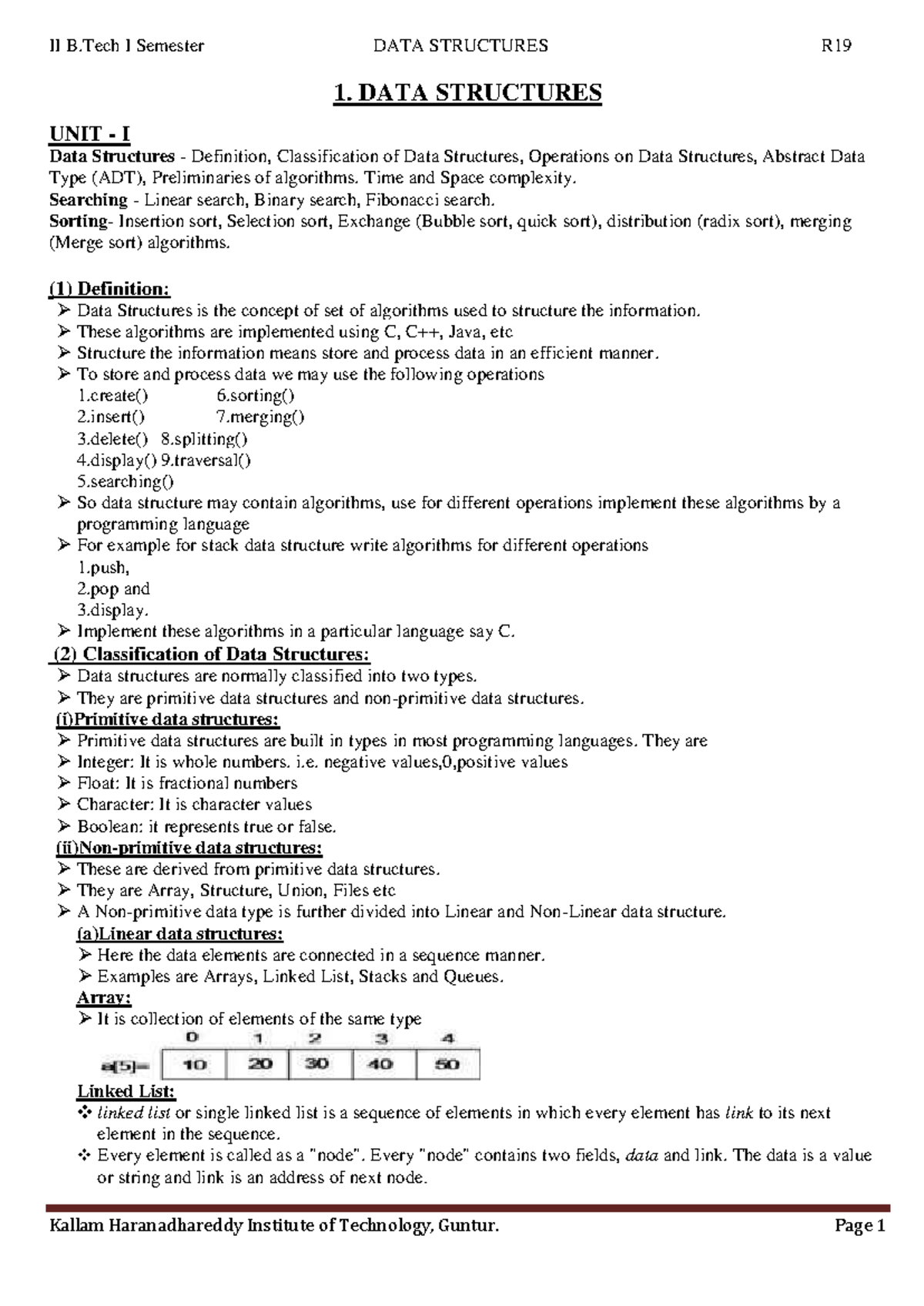 DATA Structures Notes - 1. DATA STRUCTURES UNIT - I Data Structures ...