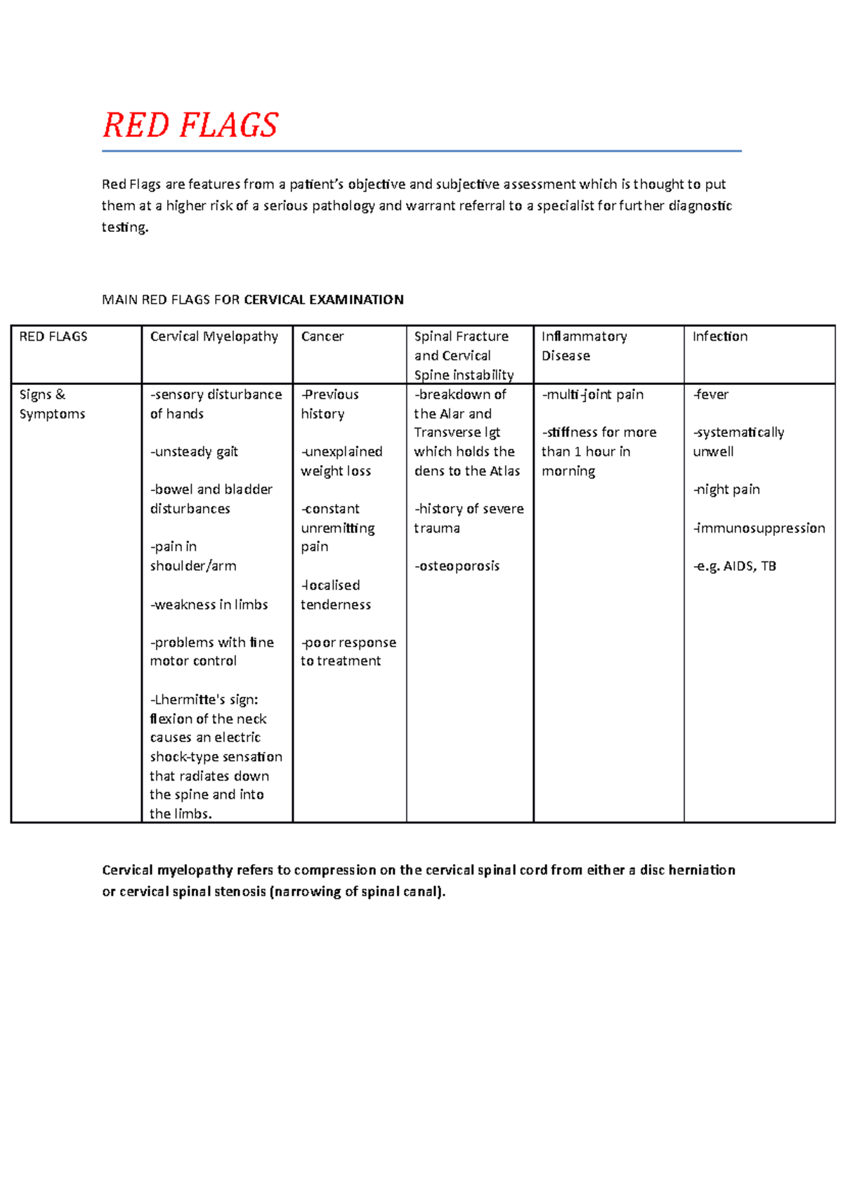 Lecture Notes, Red Flags in Cervical Examination RED FLAGS Red Flags are features from a