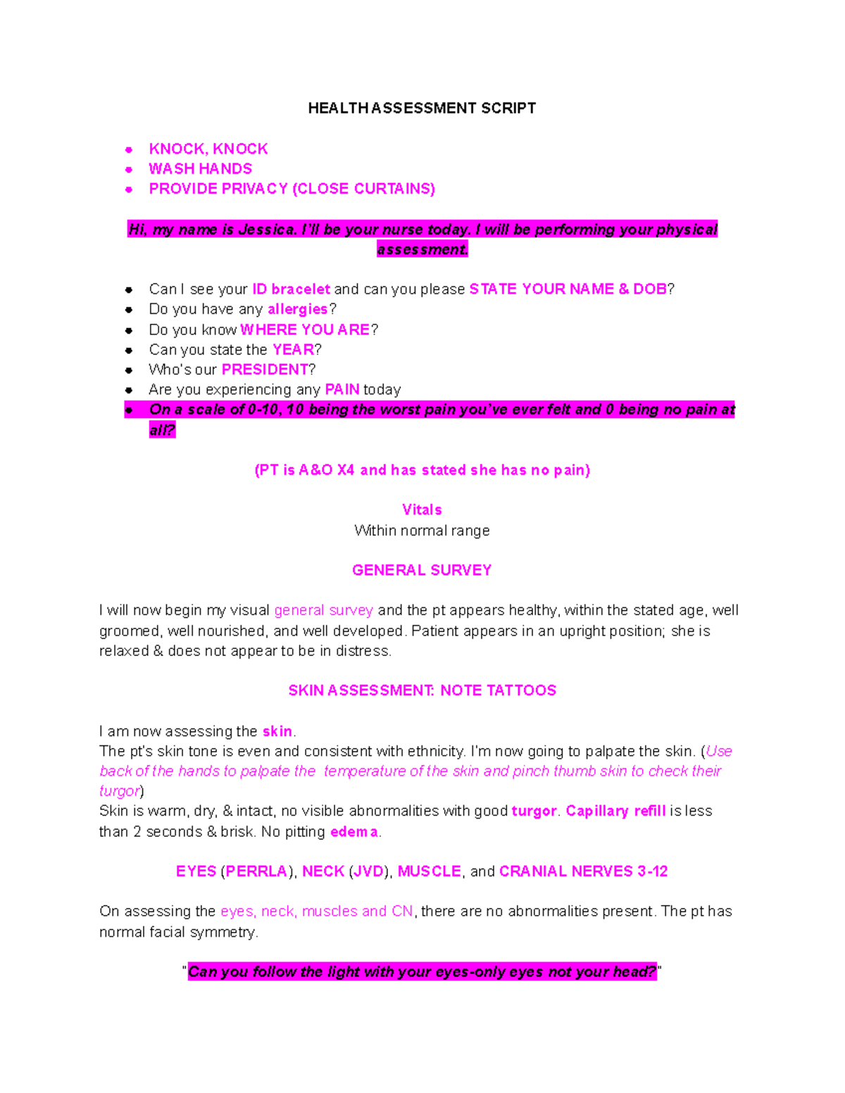 Health assessment - study guide for pnu 120 - HEALTH ASSESSMENT SCRIPT ...