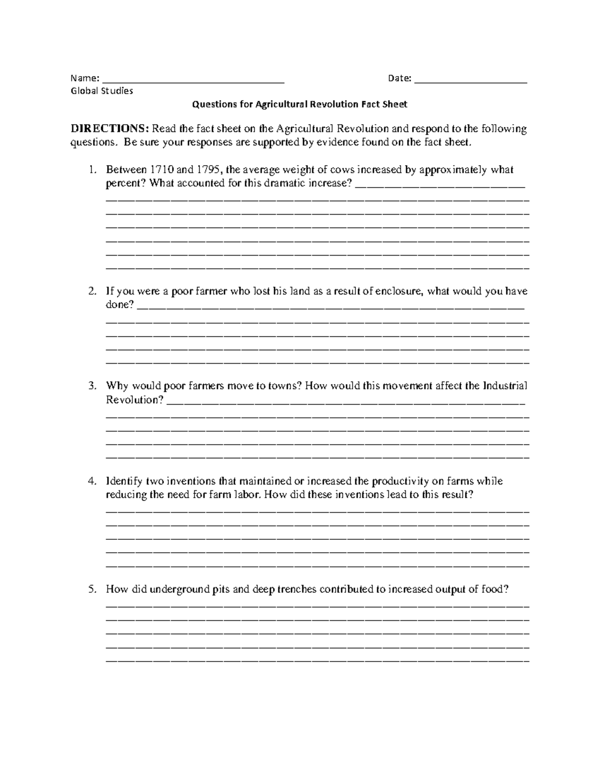 Agricultural Revolution Questions Name